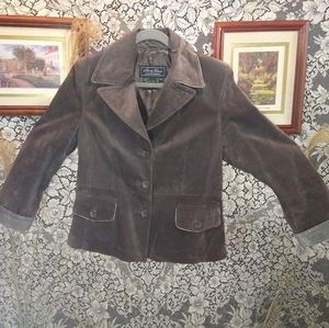 Terry Lewis brown coat genuine leather lined shiny silver trim vintage